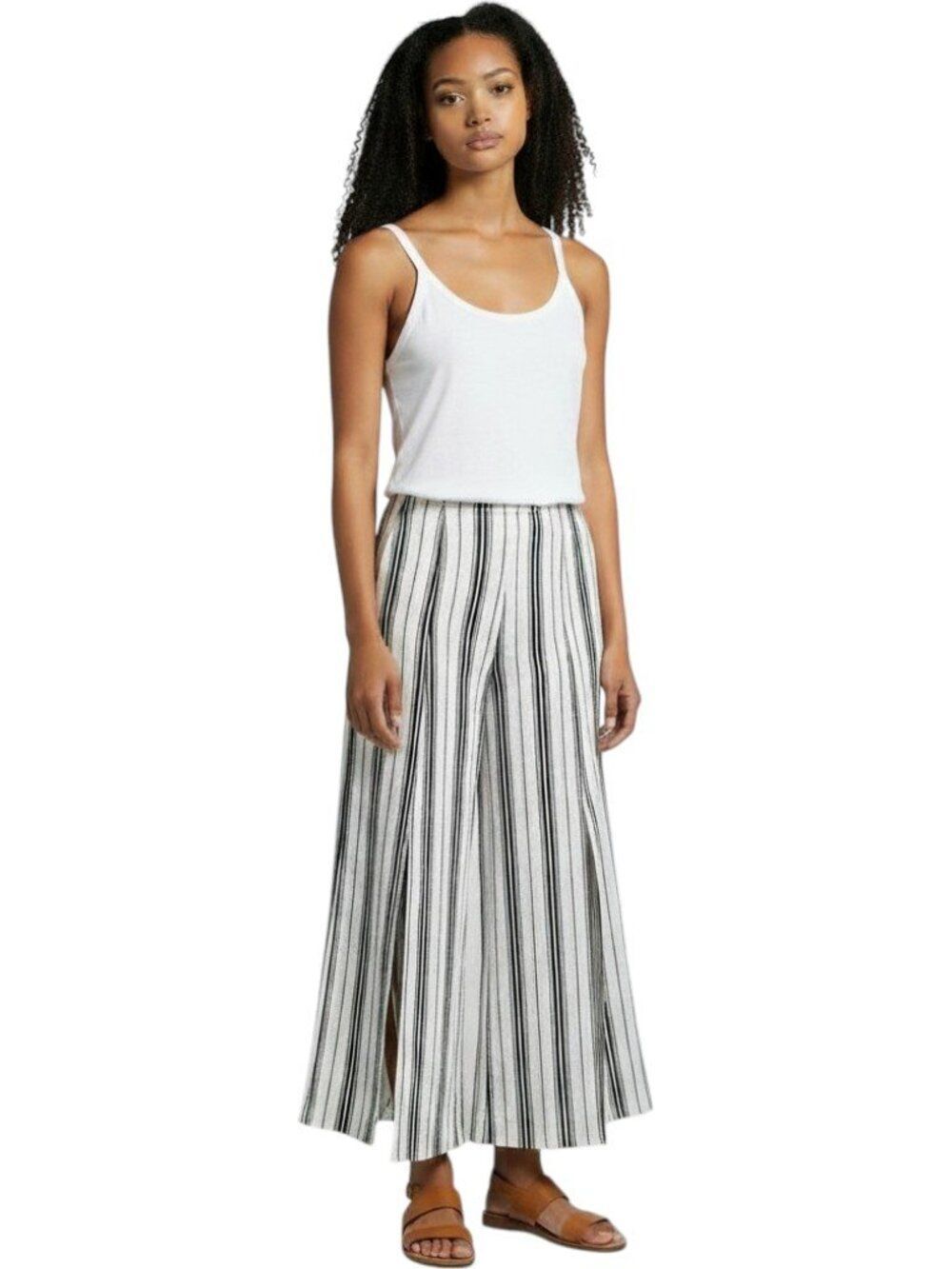 Hommage Striped Wide Leg Pants Small Side Slit Elastic Waist Cropped